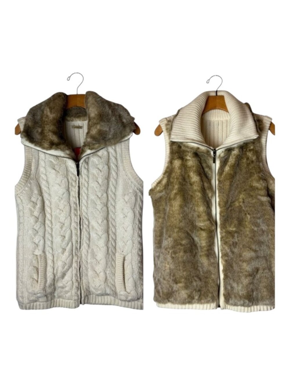 Eivissa Vest Women Medium Ivory Calbe Knit Faux Fur Full Zip Reversible‎ NWT